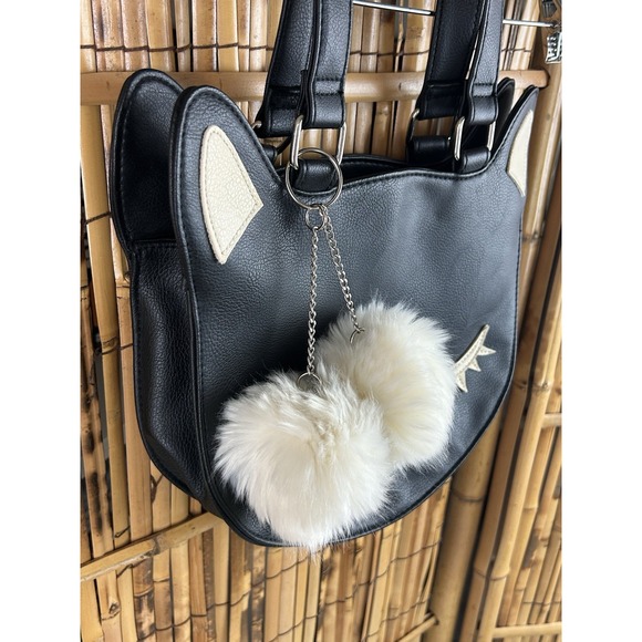 Cute Cat Face Vegan Leather Tote Bag Purse With White Pom Poms - Picture 4 of 14